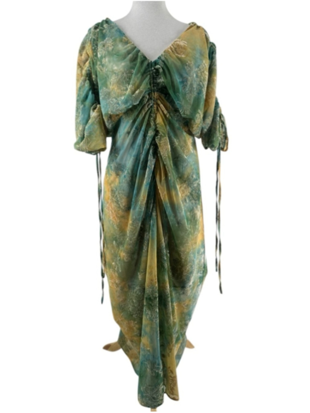 Green Ruched V-Neck Midi Dress - Picture 6 of 14